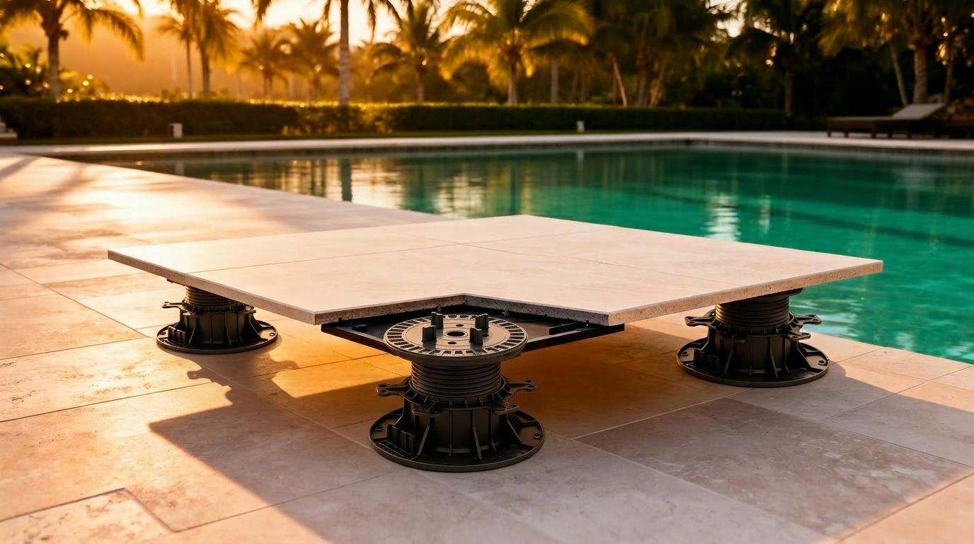 Florida pool deck with porcelain pavers on adjustable pedestal supports